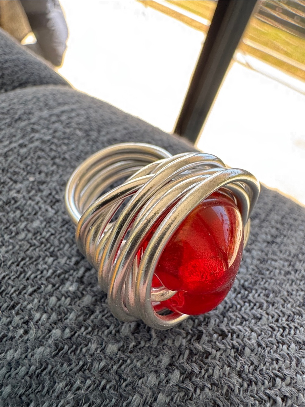 Silver Wire Cage Ring with Red Glass Heart